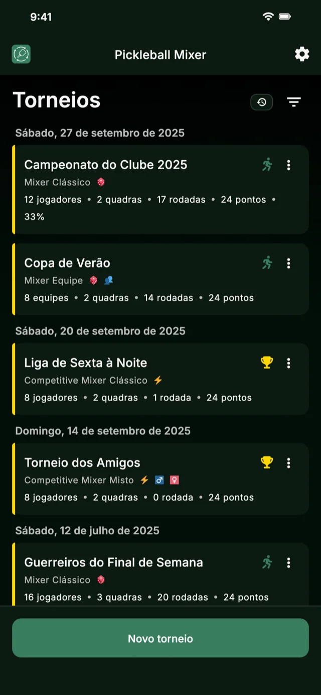 App de gestão de torneios de pickleball para formatos Mixer e Competitive Mixer
