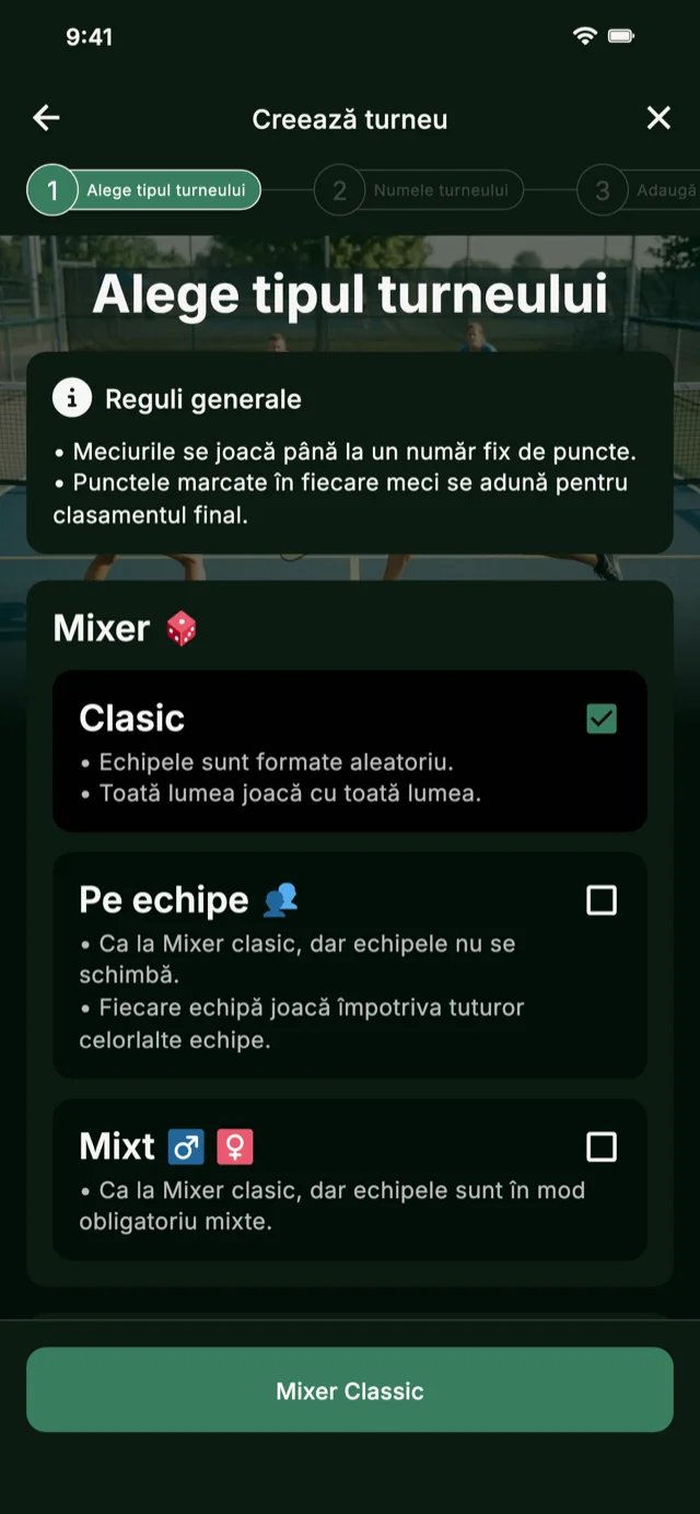 Selectarea formatului turneului de pickleball pentru Mixer și Competitive Mixer