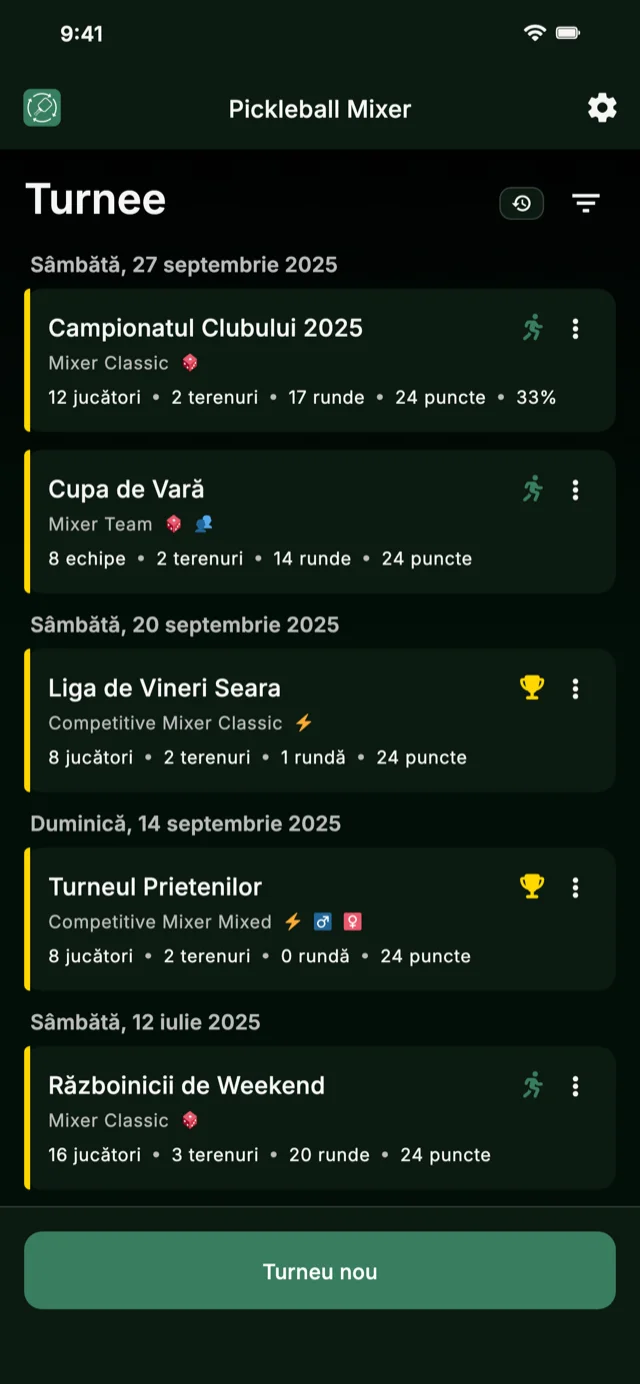 Aplicație de management al turneelor de pickleball pentru formatele Mixer și Competitive Mixer