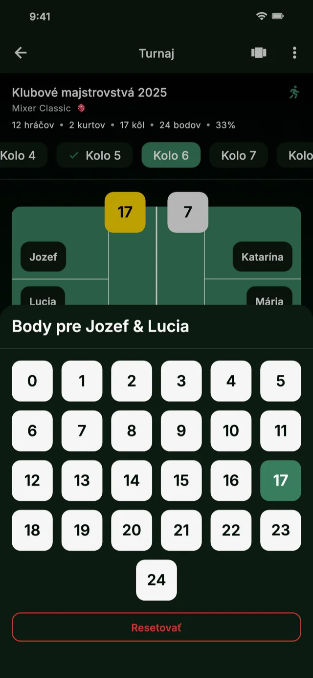 Snímka obrazovky aplikácie zobrazujúca zadávanie skóre