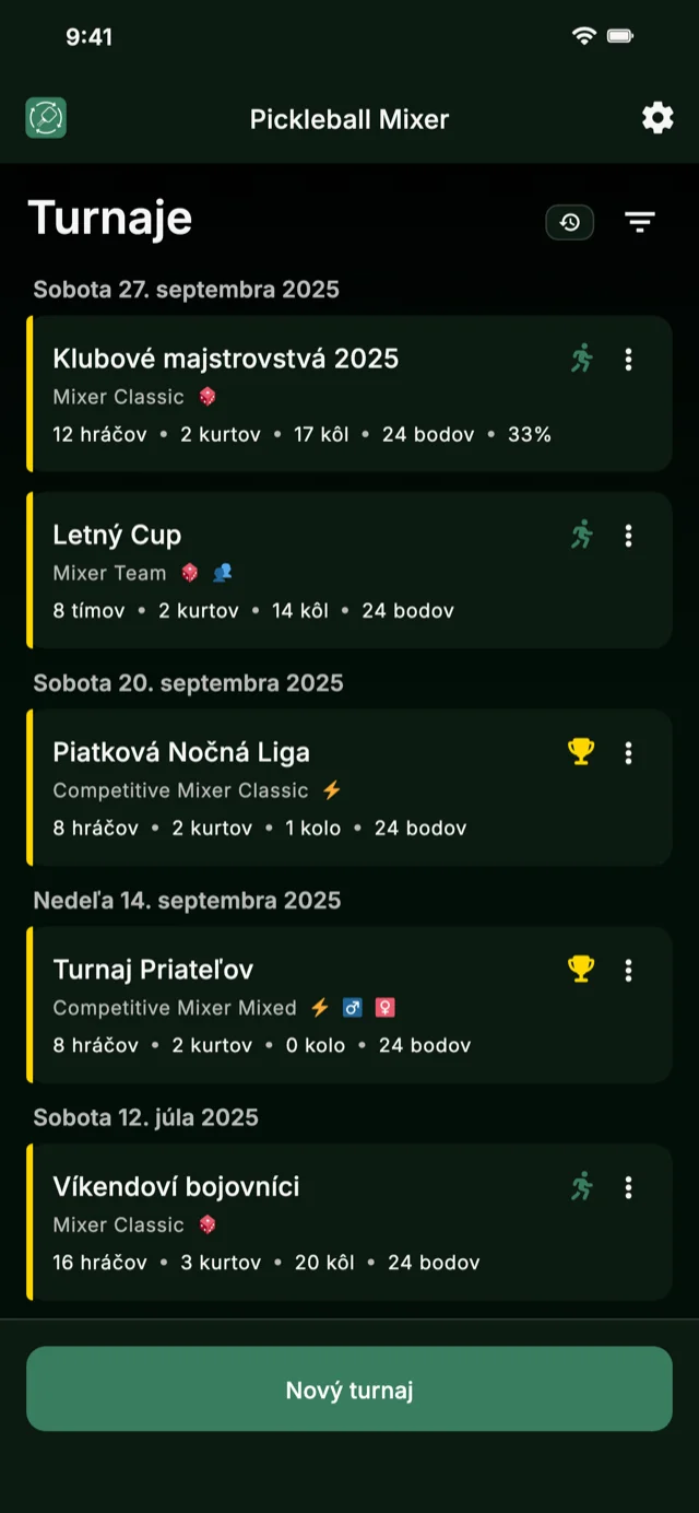 Aplikácia na správu pickleball turnajov pre formáty Mixer a Competitive Mixer