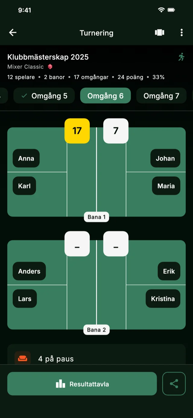 App-skärmbild som visar turneringsrundor