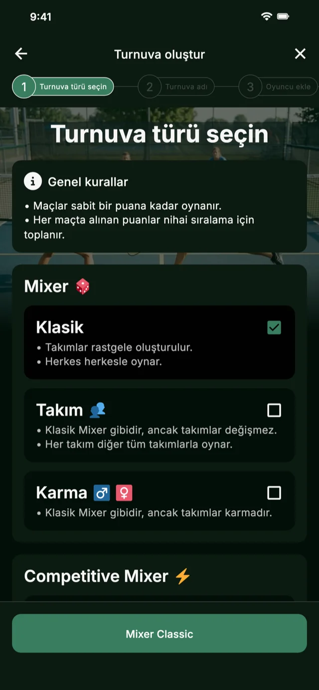 Mixer ve Competitive Mixer için pickleball turnuva formatı seçimi