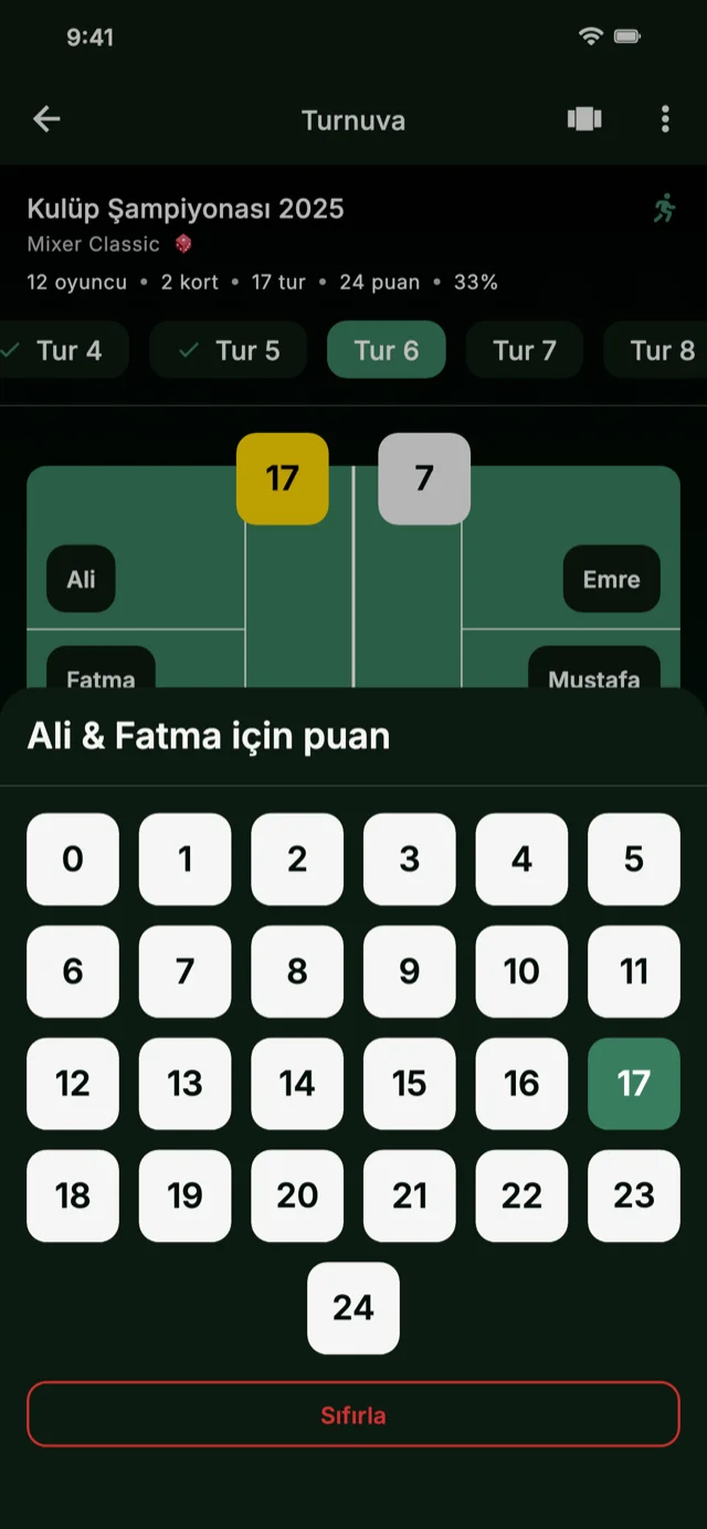 Skor girişini gösteren uygulama ekran görüntüsü