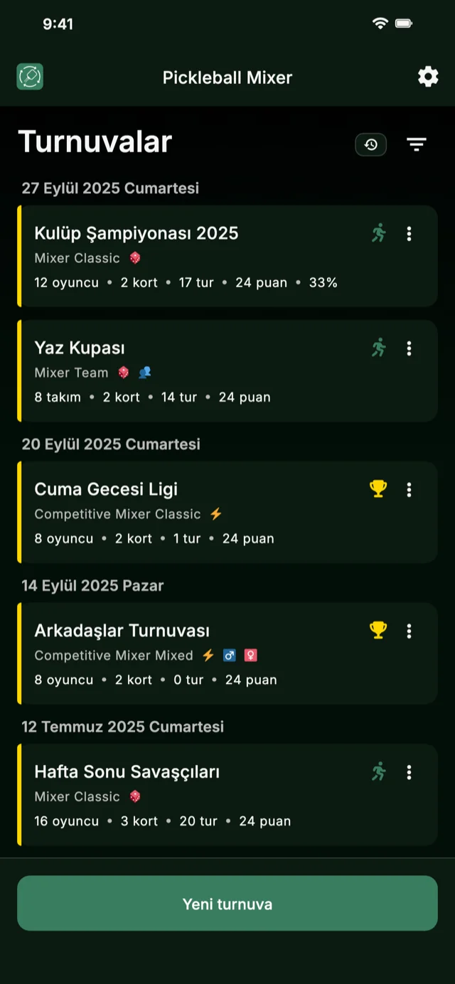 Mixer ve Competitive Mixer formatları için pickleball turnuva yönetim uygulaması